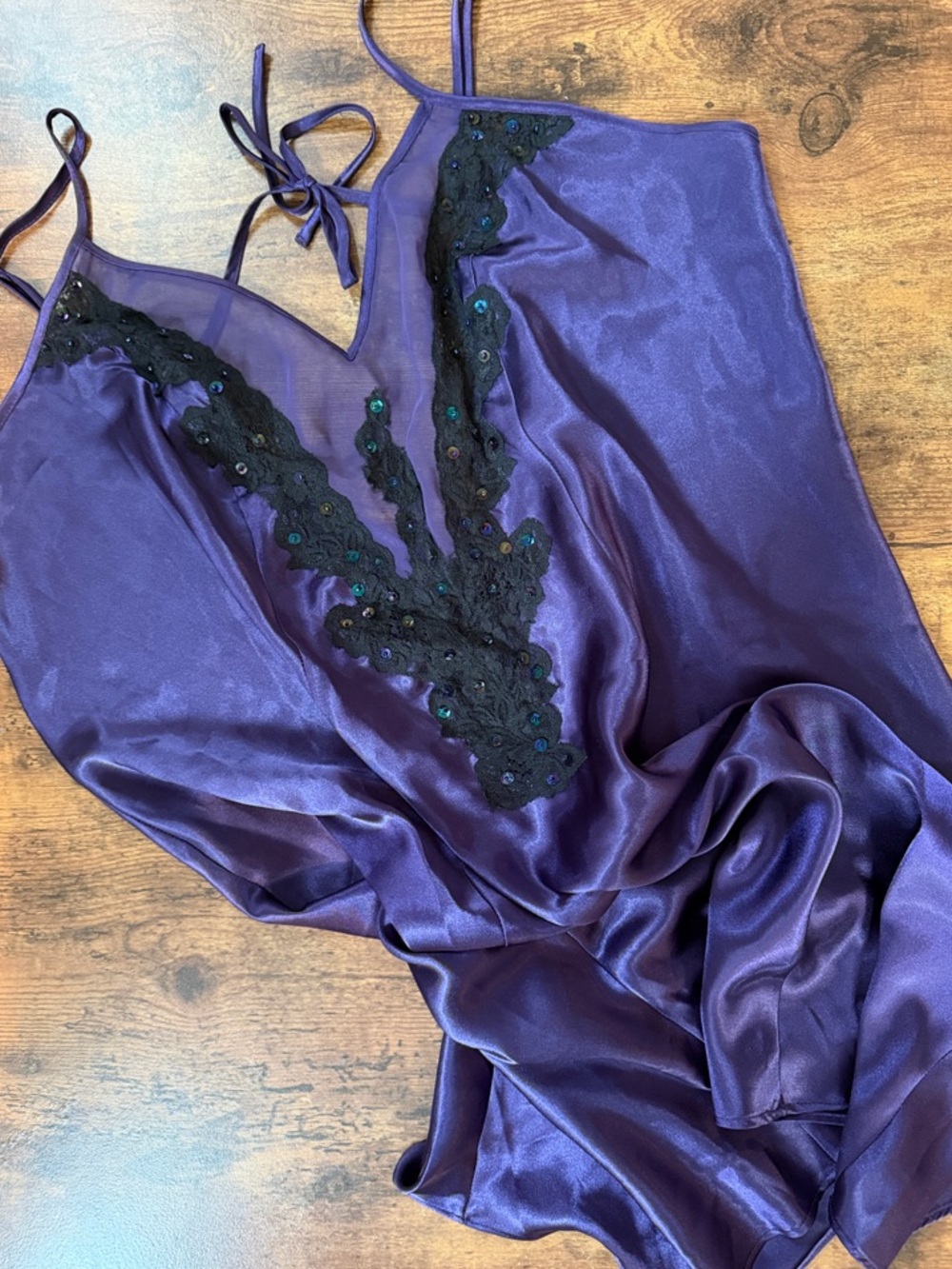 Cacique Deep Purple Satin Slip with Black Lace Applique